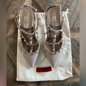 Valentino Rockstud Pointed-Strap Heels in Blush Patent